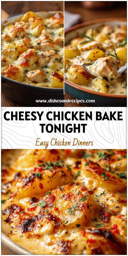 Golden cheesy chicken and potato bake with chunks of chicken and creamy sauce served in a casserole dish.